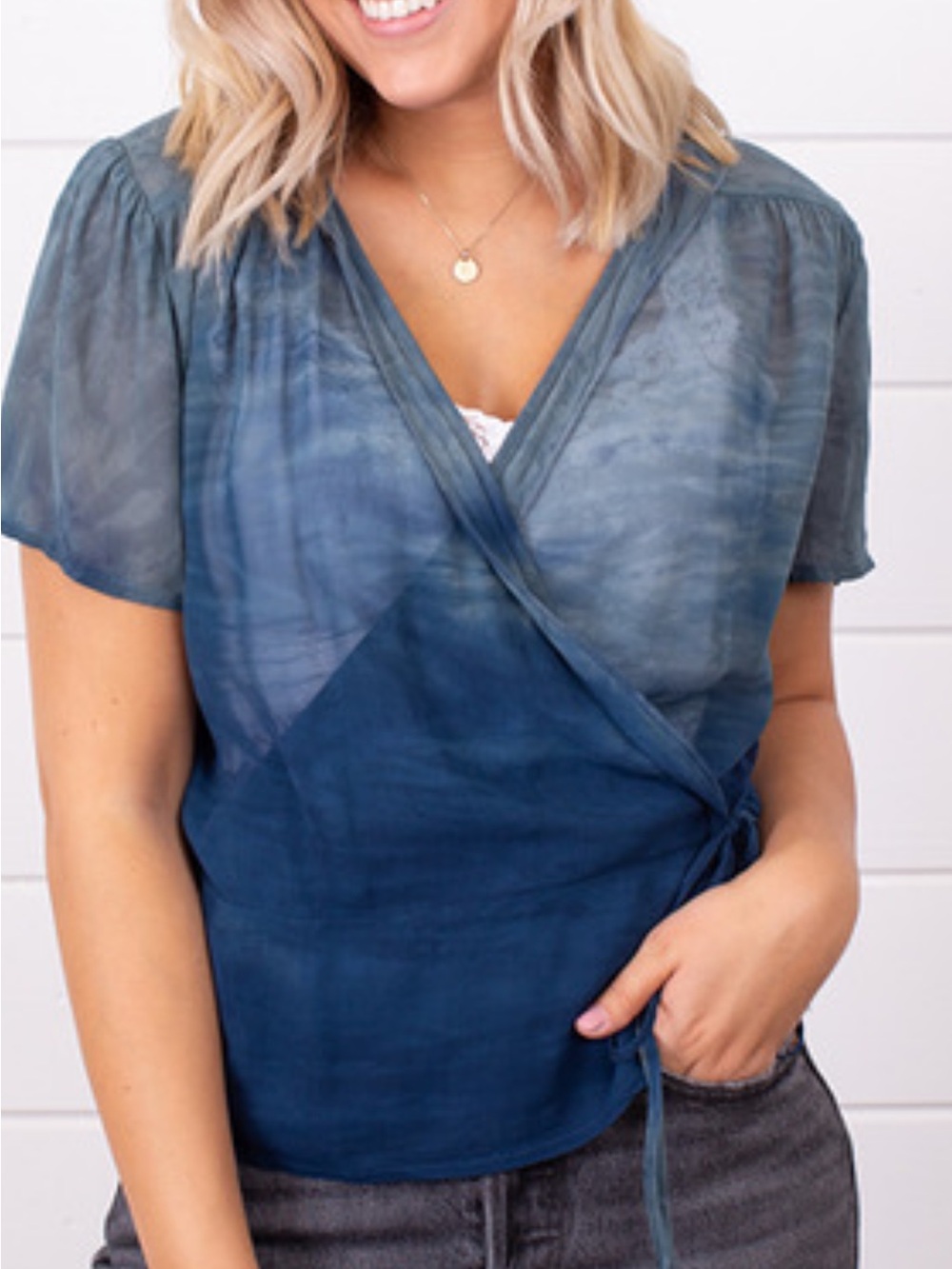 LACAUSA Women's Blue Tie-Dye Wrap Blouse